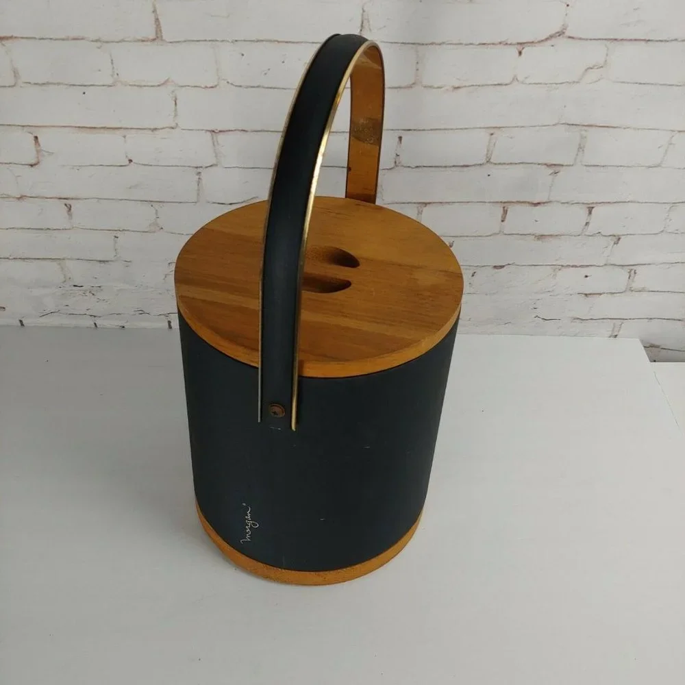 Morgan Ice Bucket with Lid Vinyl Covered in Brown with Wood Mid Century MCM
